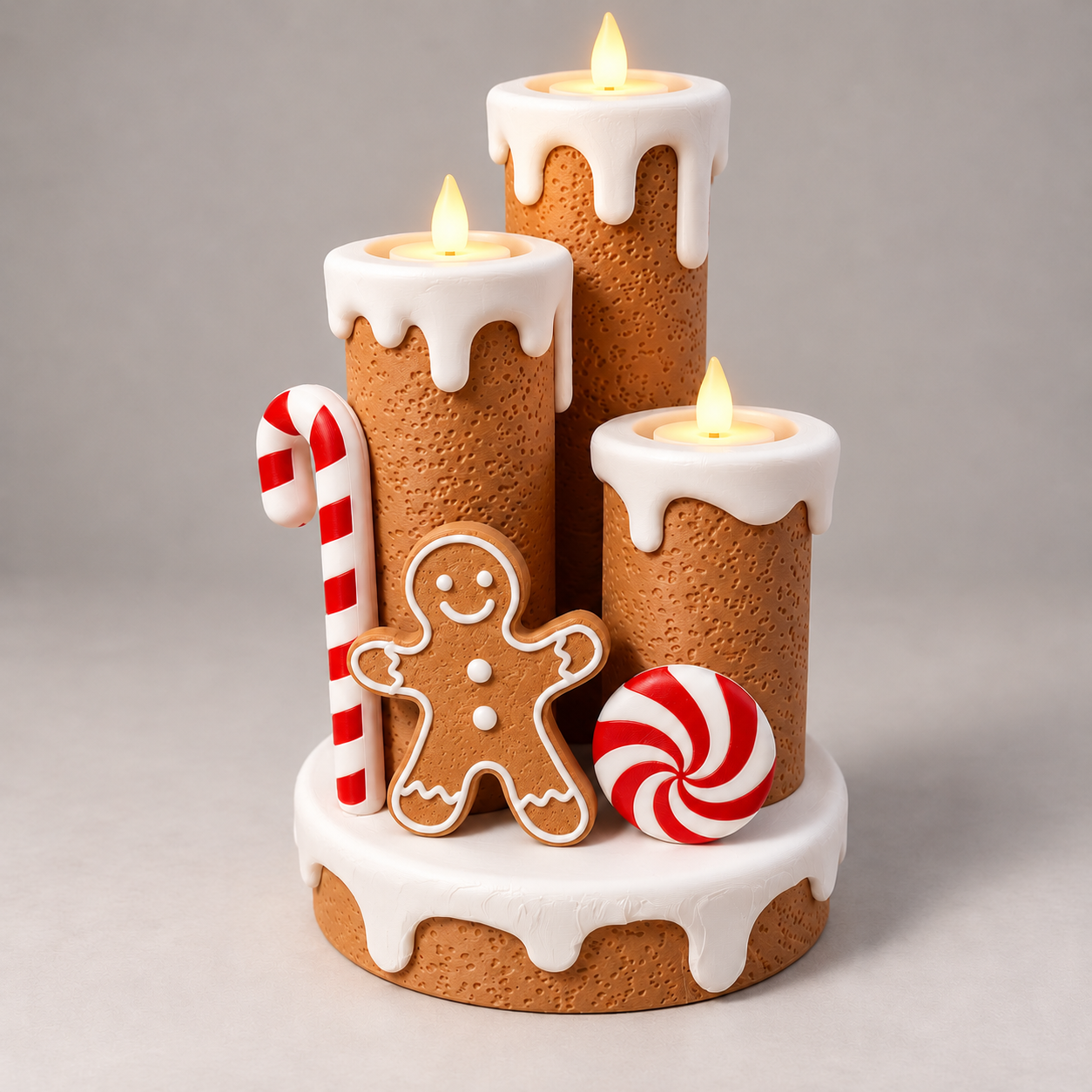 Gingerbread-kerstdecoratie met drie kaarsvormige houders, witte glazuurdetails, koekmannetje en rood-witte snoepdecoratie